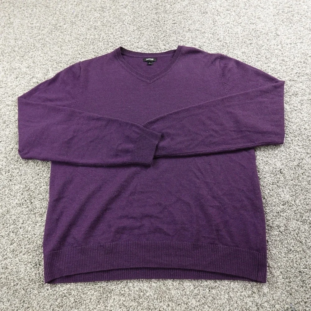 APT 9 Sweater Mens Large Purple Merino Wool Blend V Neck‎ Long Sleeve Pullover